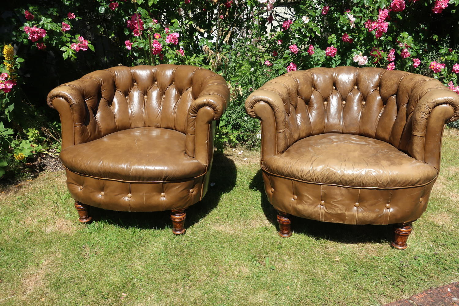 Pair of leather button back chairs