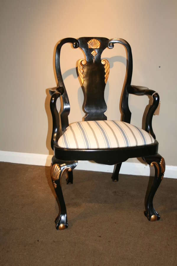 1930's Queen Anne style ebonised arm chair