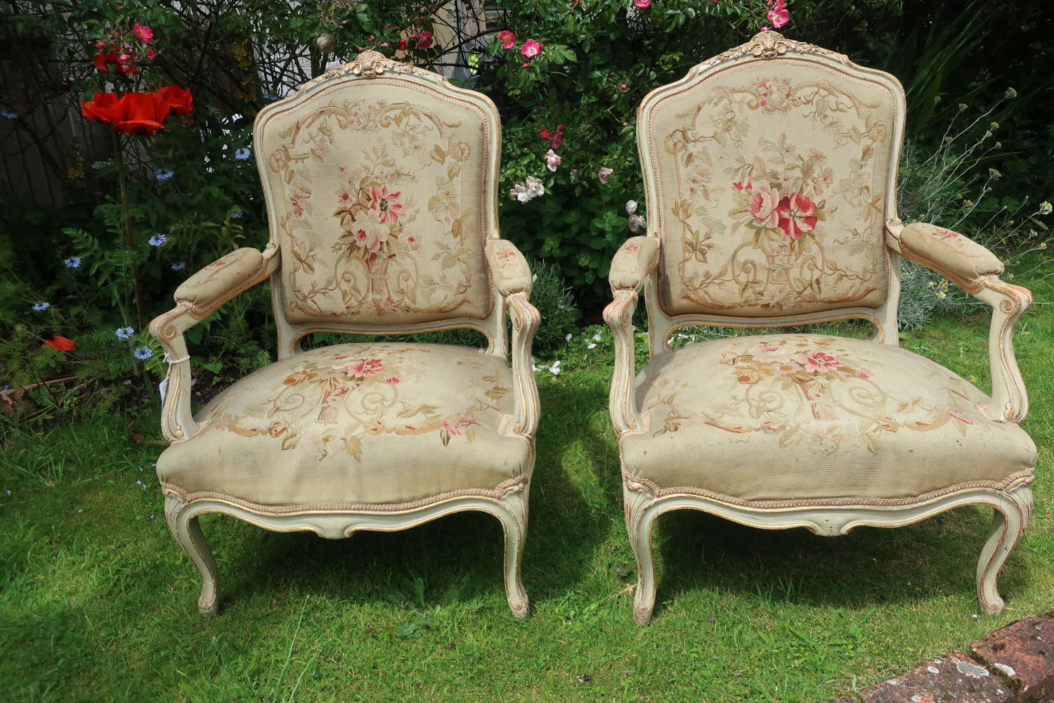 Pair of painted needlepoint armchairs