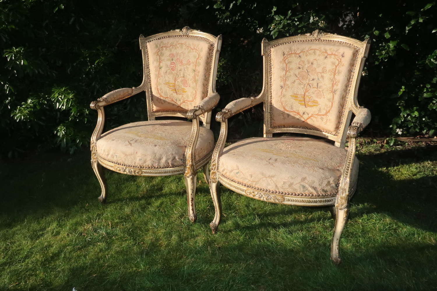 Pair of painted needlepoint armchairs