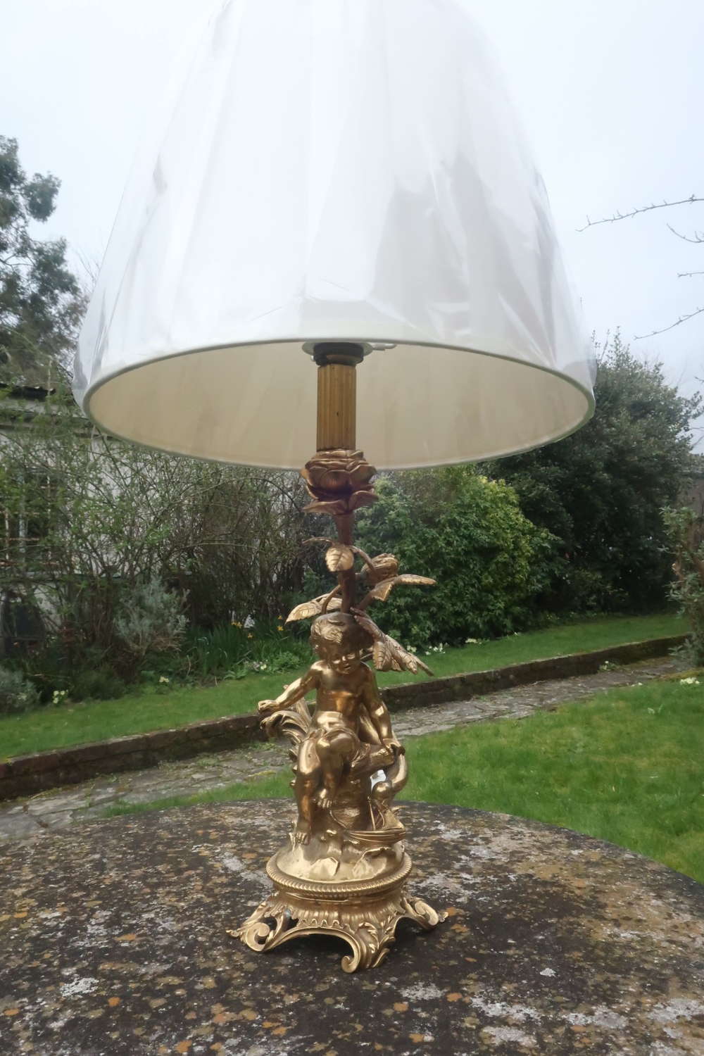 Signed gilt bronze cherub lamp