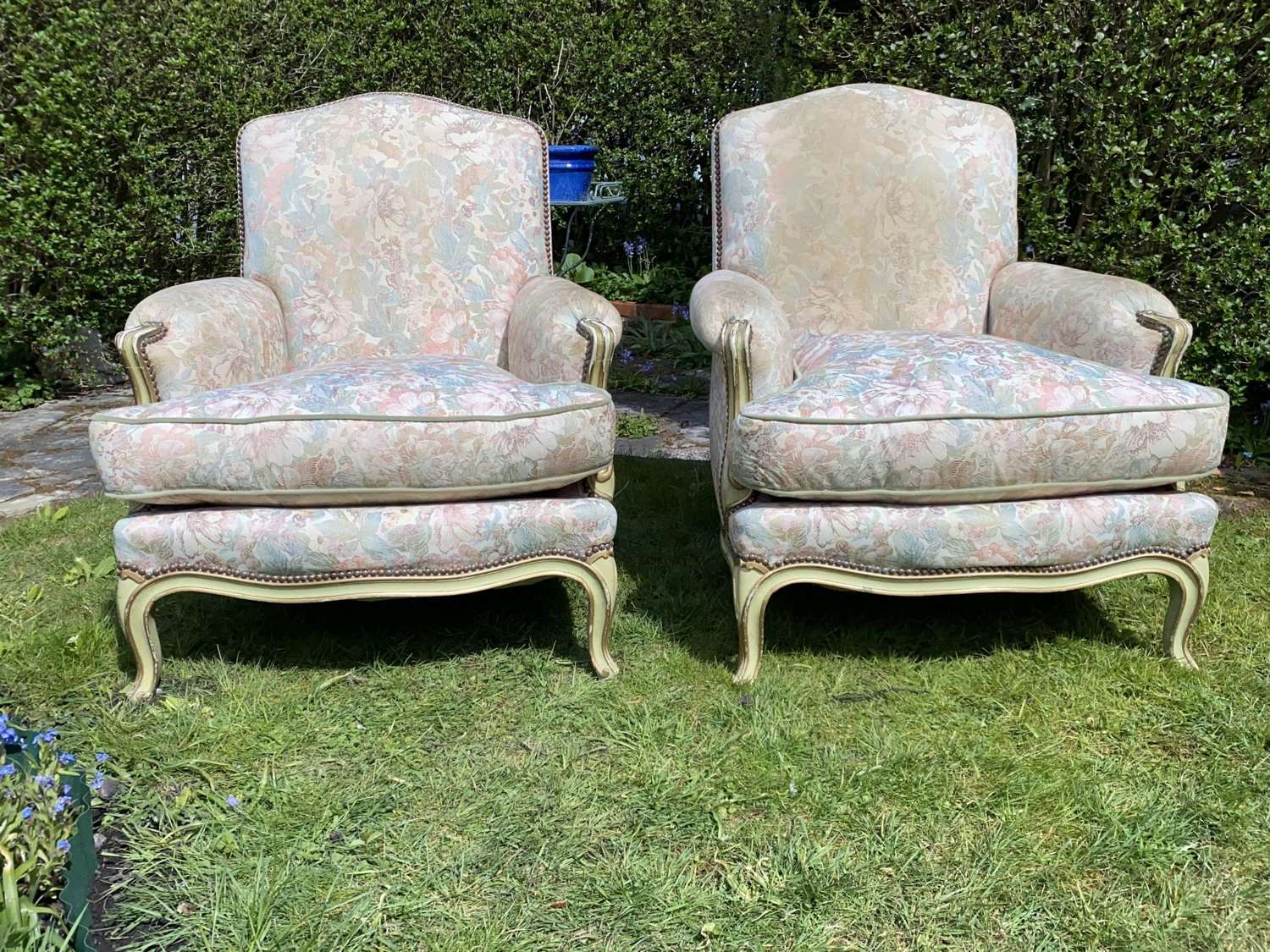 Pair of Louis XVI style Bergere armchairs