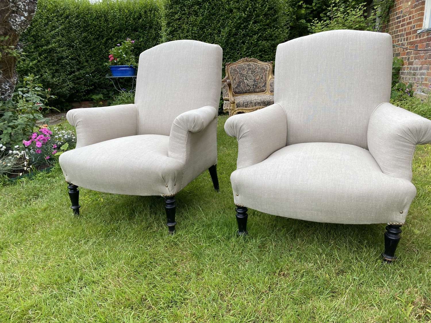 Pair of French armchairs in grey linen