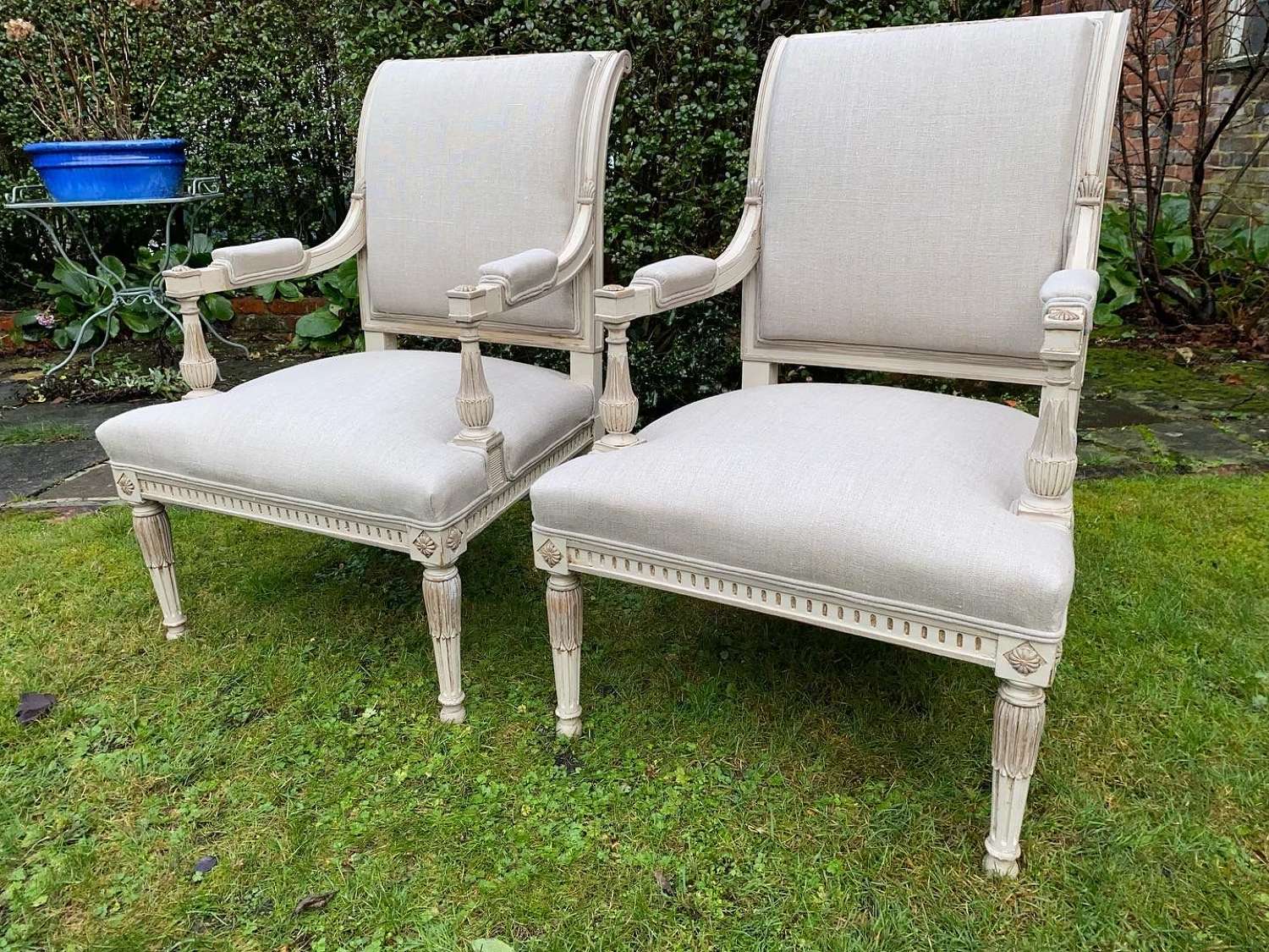 Pair of Directoire style armchairs in linen