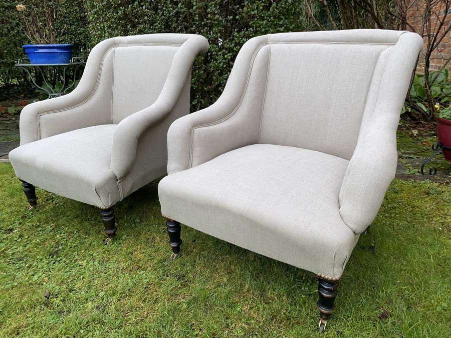 Pair of scroll back armchairs in grey linen