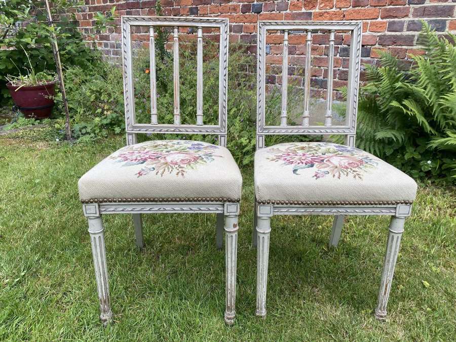 Pair of painted needlepoint side chairs