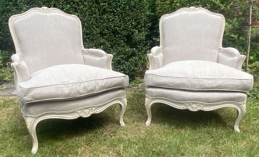Pair of painted Bergere armchairs in grey linen