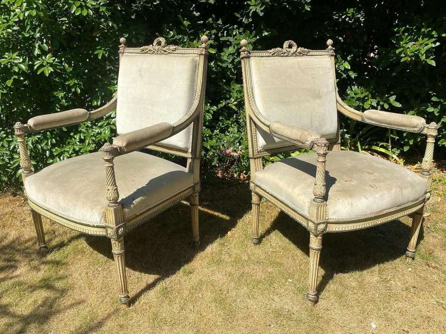 Pair of Louis XVI style armchairs in original paint finish