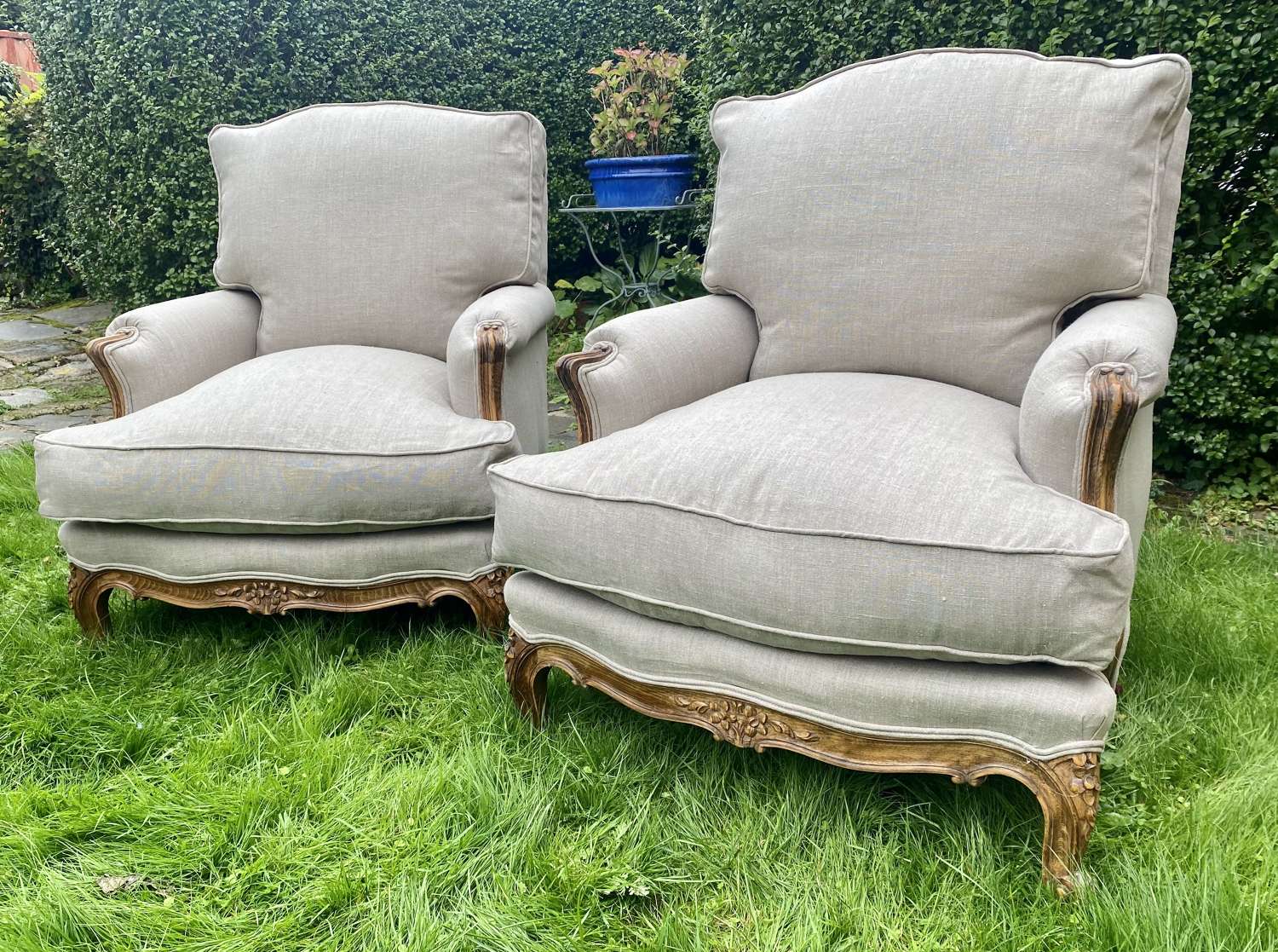 Pair of large Bergere armchairs in grey linen