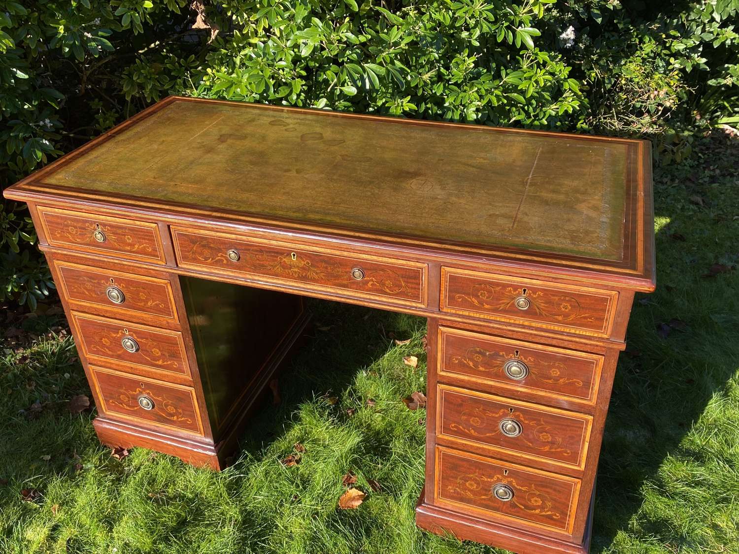 Edwards and Roberts marquetry inlaid pedestal desk