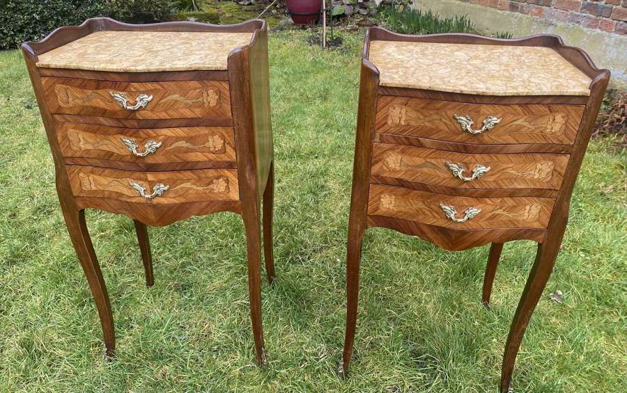 Pair of three drawer marquetry bedside tables