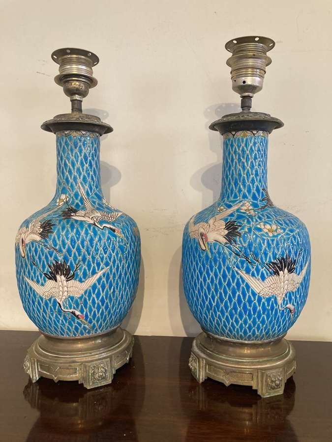 Pair Of Turquoise Lamps With Cranes & Blossom