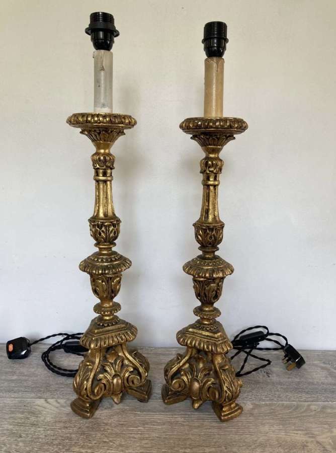 A Pair Of Gilt Pricket Lamps