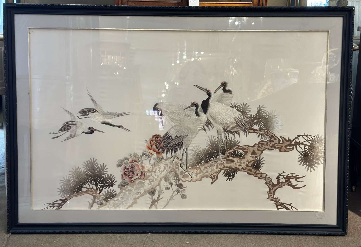 Large Silk On Silk Embroidery of Cranes