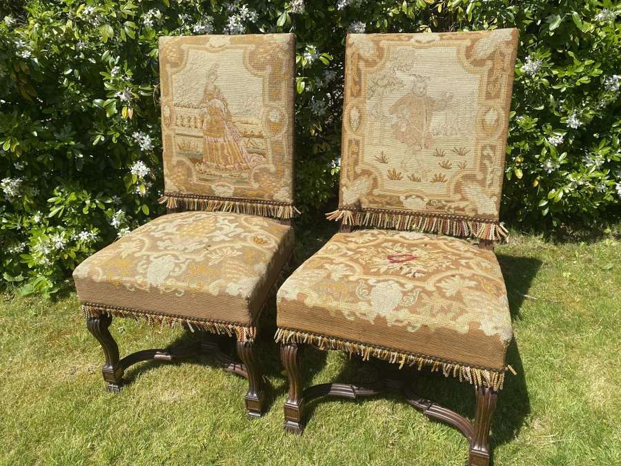 Pair of rosewood needlepoint side or hall chairs
