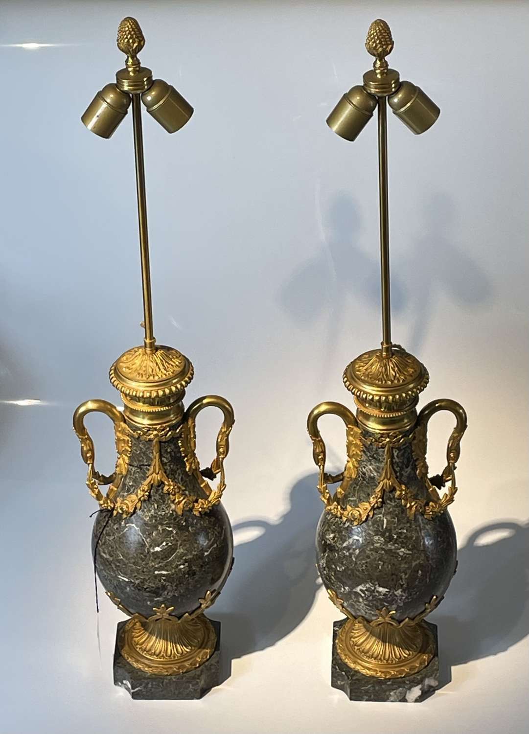 Pair Of Empire Style Ormolu & Marble Lamps