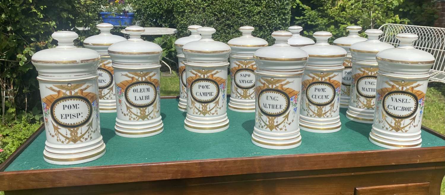 Set of 12 porcelain hand painted apothecary jars