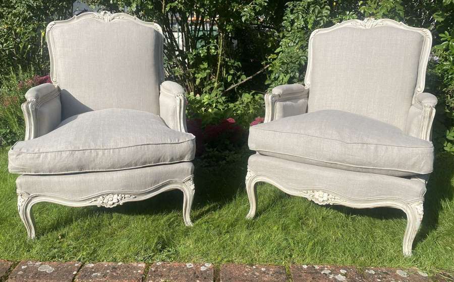 Pair of French Bergere armchairs in grey linen