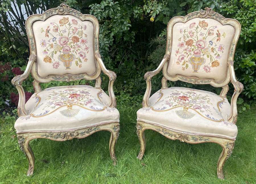 Pair of Italian painted and needlework armchairs