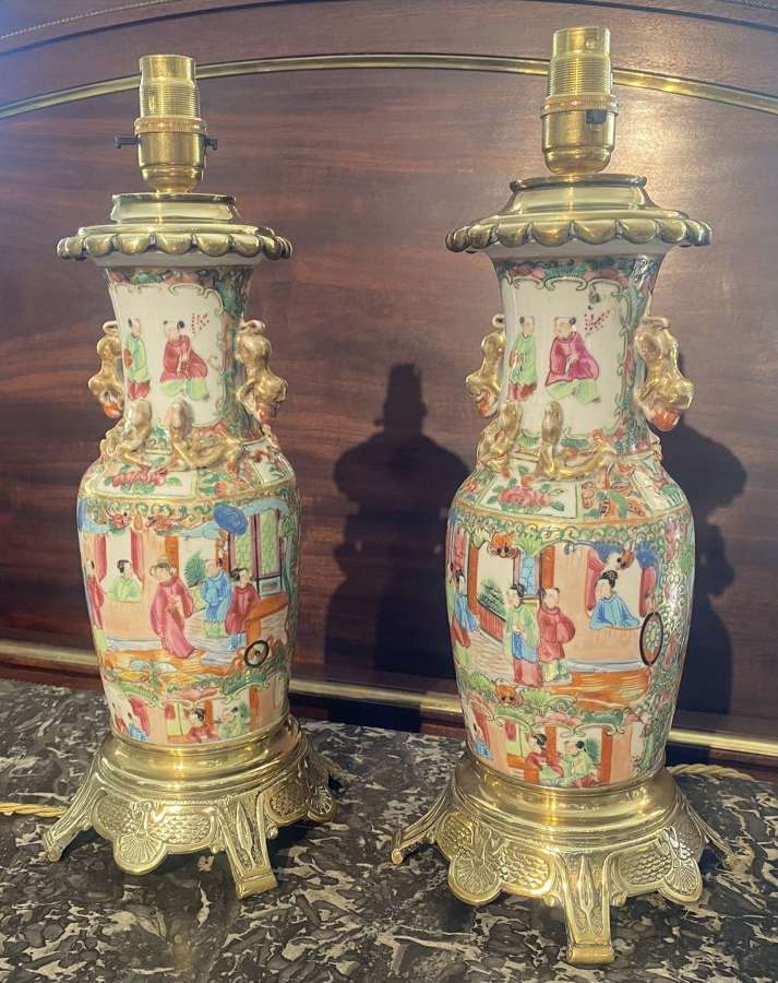 Pair of antique famile rose lamps