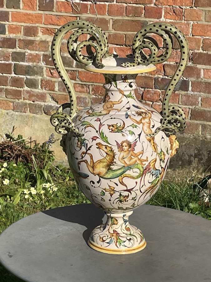 Italian Maiolica Snake Handle Vase