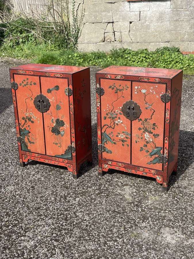 Pair Of Red Laquered Cabinets