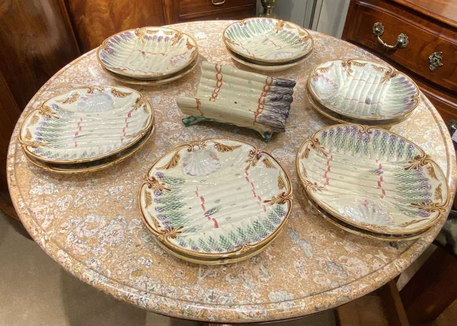 French Faience set of asparagus plates and server