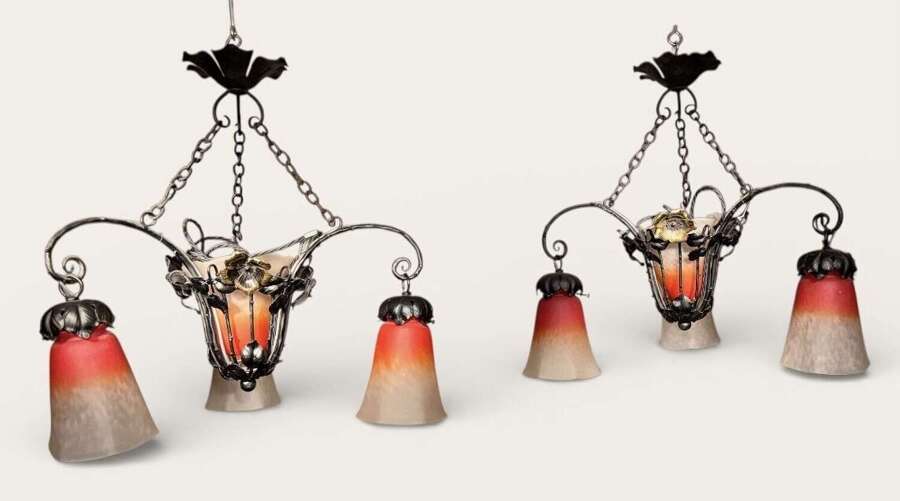 Pair of Schneider Art Nouveau hanging chandeliers