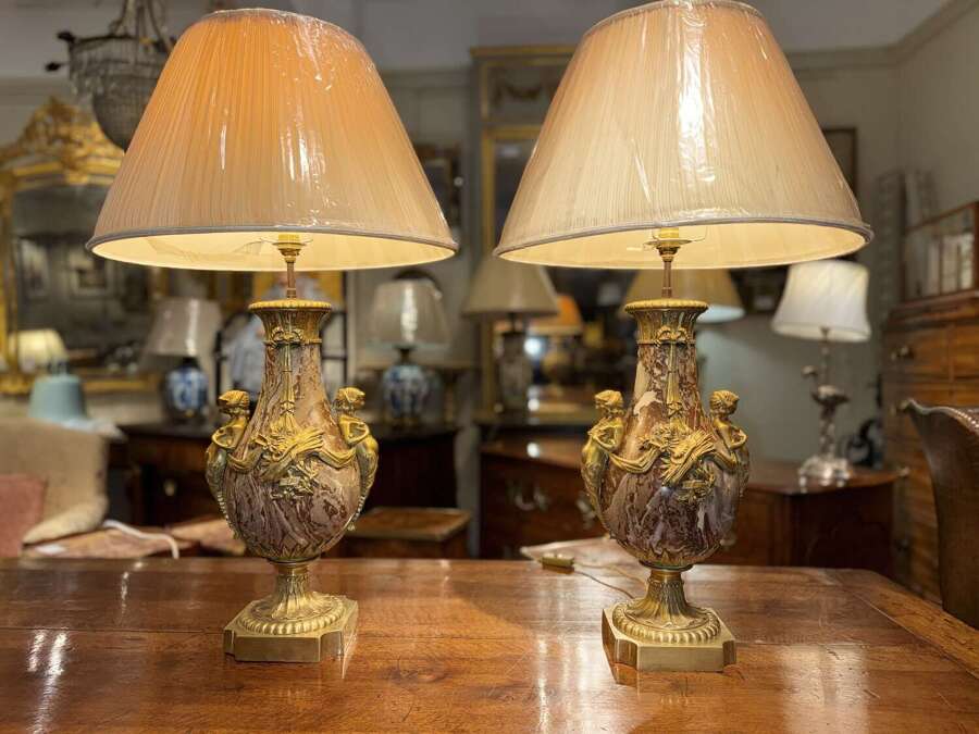 Pair of large marble and ormolu lamps