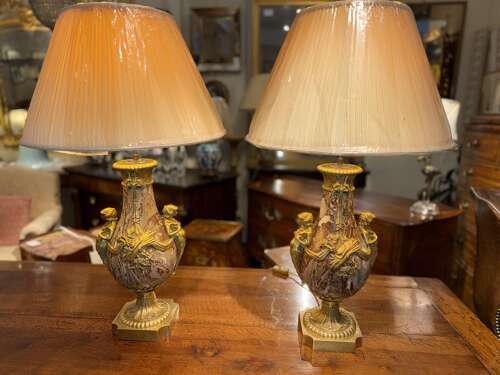 Pair of large marble and ormolu lamps