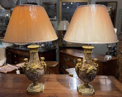 Pair of large marble and ormolu lamps