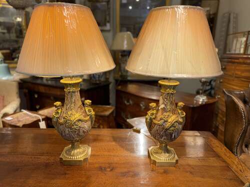 Pair of large marble and ormolu lamps