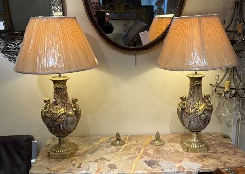 Pair of large marble and ormolu lamps