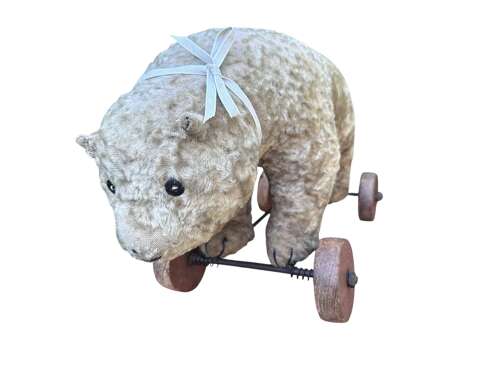 Early 20th C German Steiff Mohair Polar Bear On Wheels