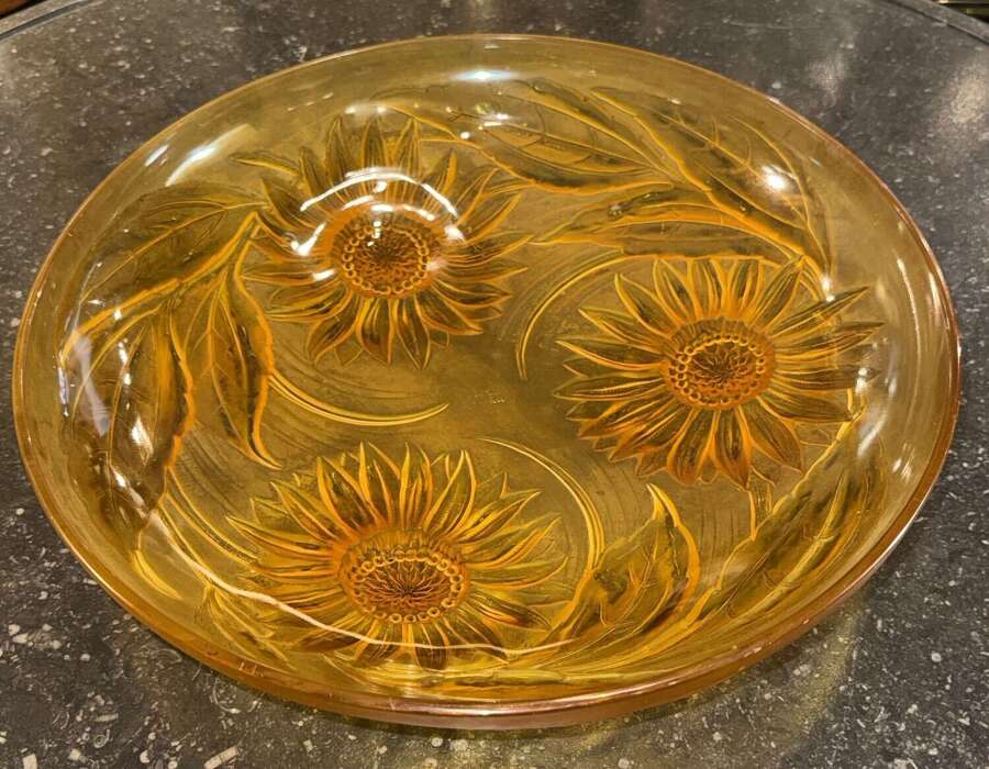 Large Amber coloured sunflowers bowl signed Verlys
